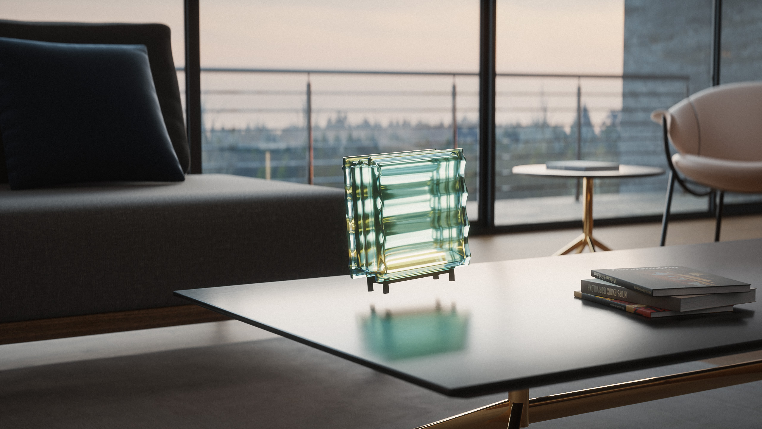 Moody image of a glass block lamp in a living room